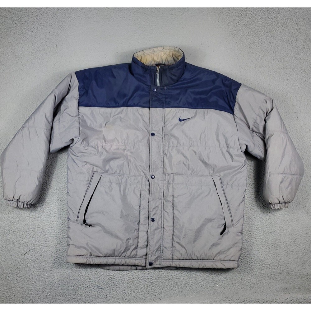 Vintage Nike Gray Blue Full Zip Up Pockets Puffer Jacket Mens Size XL *STAINED*